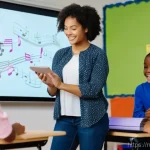 음악이론 강사 업무 효율화 노하우 - A vibrant and energetic scene in a modern music classroom, where a diverse group of elementary and m...