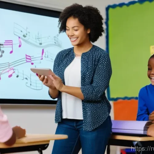 Home 16 음악이론 강사 업무 효율화 노하우 - A vibrant and energetic scene in a modern music classroom, where a diverse group of elementary and m...