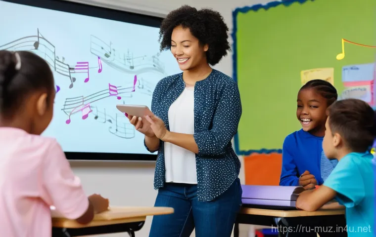 음악이론 강사 업무 효율화 노하우 - A vibrant and energetic scene in a modern music classroom, where a diverse group of elementary and m...