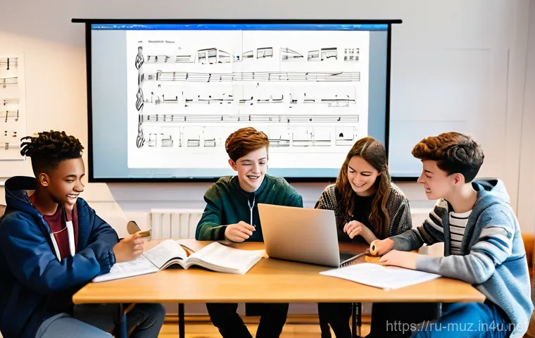 음악이론 강사 업무 효율화 노하우 - A vibrant and energetic scene in a modern music classroom, where a diverse group of elementary and m...